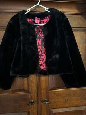 torrid Black Faux Fur Cropped Jacket with Pink Printed Lining